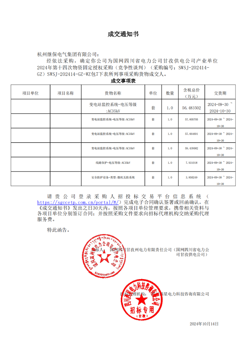 國(guó)網(wǎng)四川省電力公司甘孜供電公司產(chǎn)業(yè)單位2024年第十四次物資固定授權(quán)采購(gòu)包7